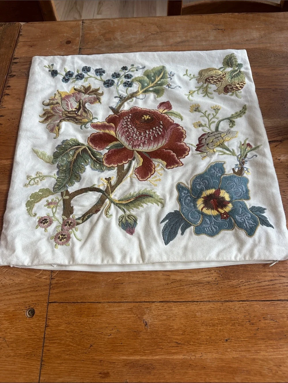 TWO Floral Embroidered Linen POTTERY BARN 20x20 like new pillow case vers